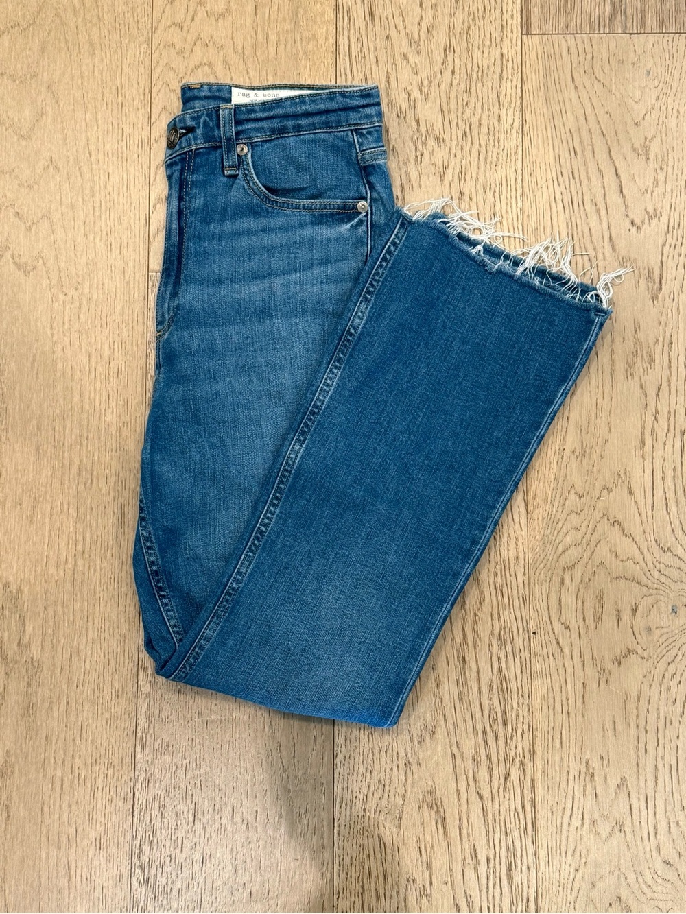rag & bone Medium Blue Raw Hem Cropped Straight Jeans
